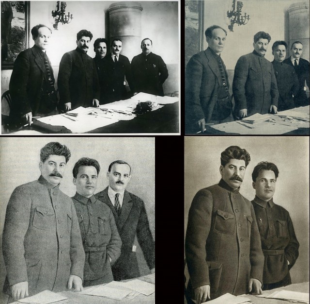 Chronologia popadania w niełaskę towarzyszy, od lewej na pierwszym zdjęciu: Nikolai Antipov, Stalin, Sergei Kirov, Nikolai Shvernik, Nicolay Komarov na konferencji w Leningradzie. Pierwsze zdjęcie rok: 1926, kolejne: 1936, 1948, 1949 Chronologia popadania w niełaskę towarzyszy, od lewej na pierwszym zdjęciu: Nikolai Antipov, Stalin, Sergei Kirov, Nikolai Shvernik, Nicolay Komarov na konferencji w Leningradzie. Pierwsze zdjęcie rok: 1926, kolejne: 1936, 1948, 1949